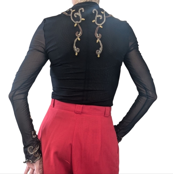 Cache Black Mesh Embellished Long Sleeve Top Sheer Beaded Scrolls | Small - Picture 2 of 9